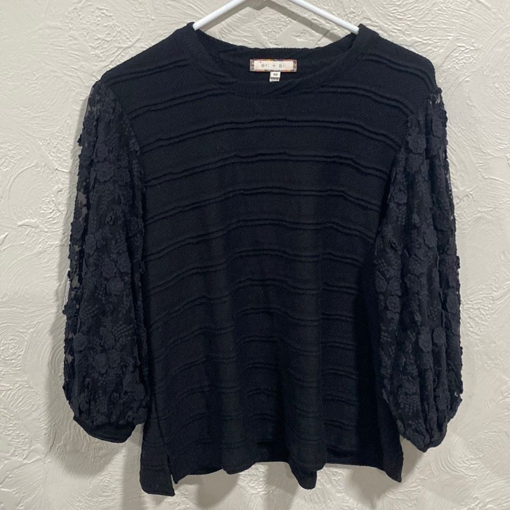 Anthropologie Eri + Ali boho black top with embellished balloon sleeves size XS
